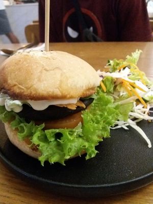 Mushroom burger at Veggie Restaurant in Suva