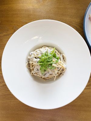 Creamy mushroom spaghetti  at Veggie Restaurant in Suva