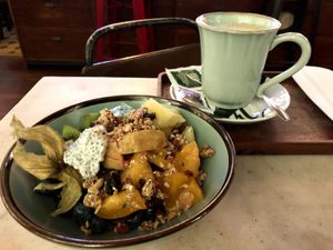 Açai bowl with fresh local fruits & soya latte at Louvre Michaelense in Sao Miguel