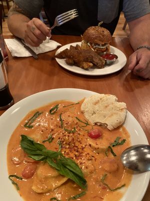Pulled ‘pork’ oyster mushroom burger and rosé ravioli  at Eve Olive in Nanaimo