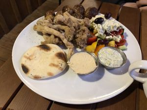 Greek goddess plate with mushroom calamari  at Eve Olive in Nanaimo