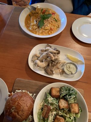 Mushroom burger, calamari, Thai curry  at Eve Olive in Nanaimo