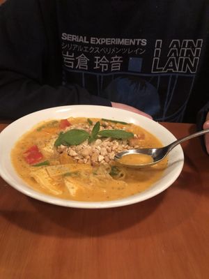 Thai coconut curry with noodles and roasted cashews (option of pineapple or cashews)   at Eve Olive in Nanaimo
