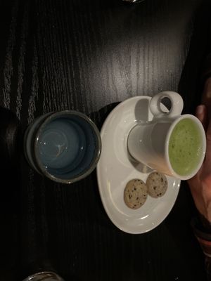 A strong matcha expresso with two precious and tasty sesame cookies.  Yum   at Shojin - DTLA in Los Angeles