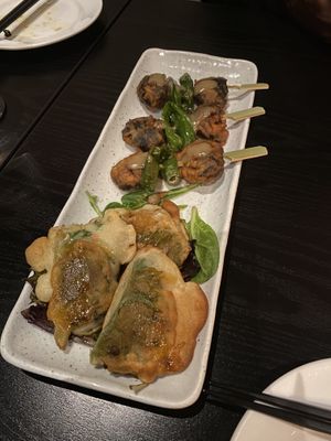 Gyoza and shrimp skewer #Veganuary at Shojin - DTLA in Los Angeles