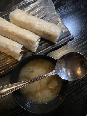 Crab cake hand roll and miso soup  #Veganuary at Shojin - DTLA in Los Angeles