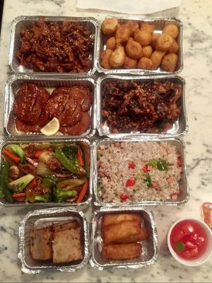 Lotus Pond vegan feast: Ginger Beef, Sweet n Sour Balls, Lemon Chicken, Shitake Mushroom, Chow Mein, Ham Fried Rice, Turnip Cakes, Spring Rolls  :) at Lotus Pond in Victoria