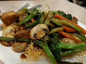 Crispy Chow Mein with Tofu and Black Bean Sauce at Lotus Pond in Victoria