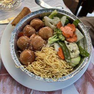Combination dinner for one (C) - sweet and sour soya balls, pan fried mix vegetables w/ crushed ginger (no rice, sub noodles)   at Lotus Pond in Victoria