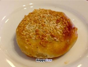 Sesame bean cake: Rice and wheat flour pastry with red bean paste filling and sesame seeds. at Lotus Pond in Victoria
