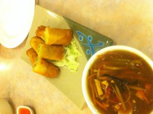 Hot and sour soup and spring rolls! at Lotus Pond in Victoria
