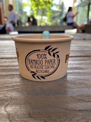 Bamboo cups, although not sure if the spoons are compostable.  at Paradis in Valencia