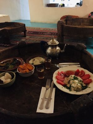 Best dinner ever: veggies, spicy carrots, mutabel, eggplant with tahini and falafels.  at Annette in Sofia