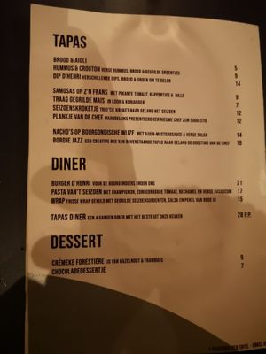 Menu at Bar d'Henri in Antwerpen