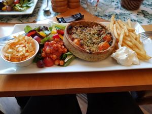 Vegan veg tart with chips, salad, coleslaw, and vegan mayo! Super tasty! at Taste Bistro in Retford