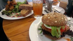Very tasty vegan burger and a big vegan salad with seed dumplings. at Café Spatz in Bernkastel-kues