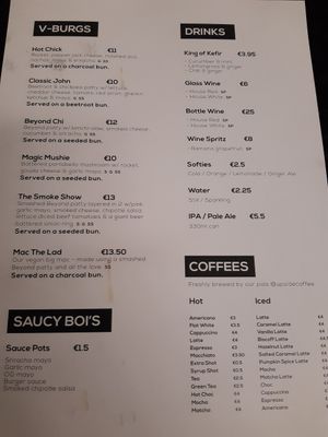 Menu at V-Face in Dublin