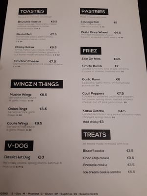 Menu at V-Face in Dublin