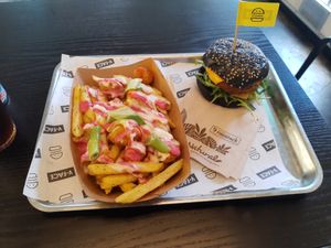 Chick burger and fries with cauli poppers at V-Face in Dublin