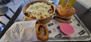 Caesar salad, onion rings with pink garlic sauce, and Beyond Chi at V-Face in Dublin