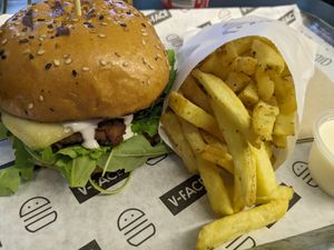 Mushroom burger, fries, garlic dip! at V-Face in Dublin
