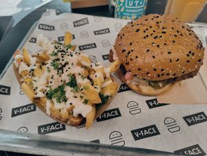 "chicken" burger and aïoli parmesan persil fries! at V-Face in Dublin