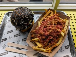 Black Big Mac and loaded fries with bacun pieces but sadly, not enough sauce at V-Face in Dublin