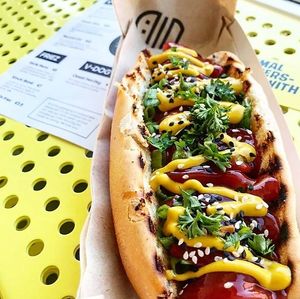 Our V-Dog - make locally in Dublin. Ingredients include a mix of beans, veg and seitan flour. So good!  at V-Face in Dublin