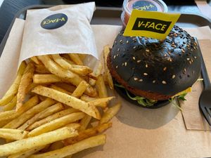 Fries, hot chick burger and taco sauce  at V-Face in Dublin