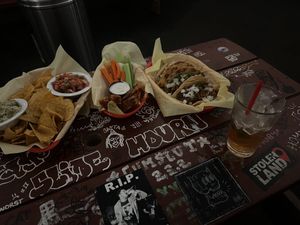 chips/salsa/guacamole. BBQ fries tofu. TVP tacos.   at Hungry Tiger in Portland