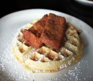 'chicken' and waffles': seasoned chicken-fried tofu served on a delicious waffle at Hungry Tiger in Portland
