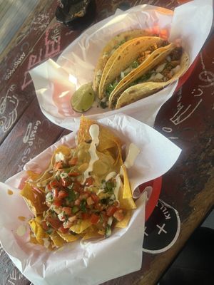 1/2 order vegan nachos & 3 tvp tacos.  at Hungry Tiger in Portland