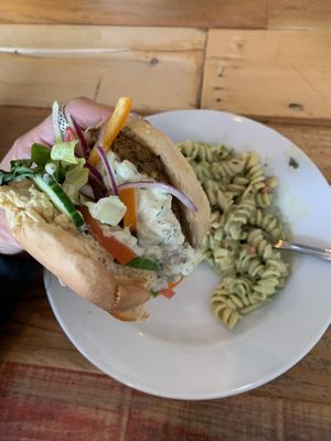 Greek burger and pasta salad - amazing!  at Angry Vegan in Penticton