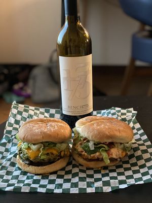 Green Warrior burger & Latin Fiesta burger at Angry Vegan in Penticton