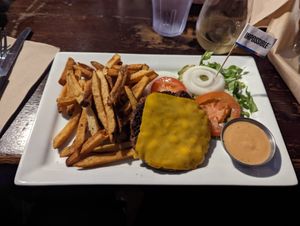 Vegan burger with fries (no bun for gluten free) at Loosey's Downtown in Gainesville
