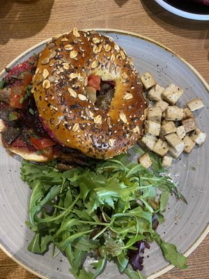 Vegan bagel with extra tofu  at Zenith in Lisbon