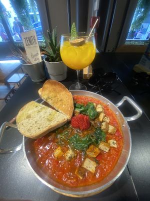 Vegan shakshuka and kombucha cocktail (non-alcoholic)  at Zenith in Lisbon