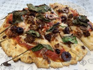 Vegan sausage with vegan cheese and veggies!  at Azzip Pizza in Bloomington