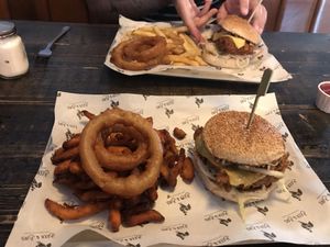 Smokey seitan burger with regular & sweet potato fries  at Beer and Bird in St Ives