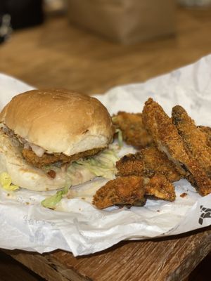 Seitan burger with vegan cheese and feed fried mushrooms   at Beer and Bird in St Ives