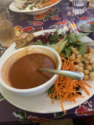Half salad and soup with delicious herbed focaccia   at Rebar Modern Food in Victoria