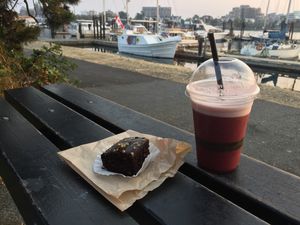 Delicious fudge brownie and a blue bridge juice at Rebar Modern Food in Victoria