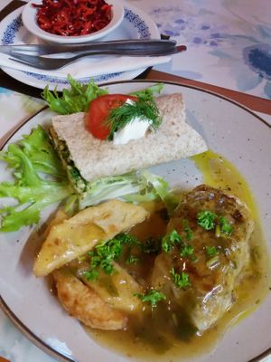 Plněné zelné závitky s citrónovou polevou, celerové hranolky.	 Celozrnná tortila se špenátem. Zeleninový salát. at Zdrava Vyziva - Prague 6 in Prague