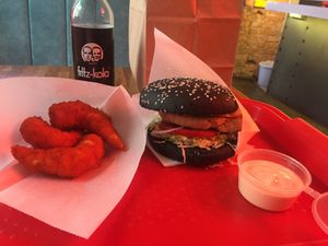 Shrimps, chix burger and fitz-kola 🖤 at Complex Burger in Moscow