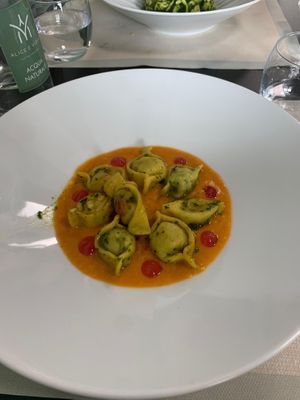 Ravioli del plin ripieni con cime di rapa su crema di ceci e gellificazione di arance (menu degustazione)  at Alice e Viola in Collegno