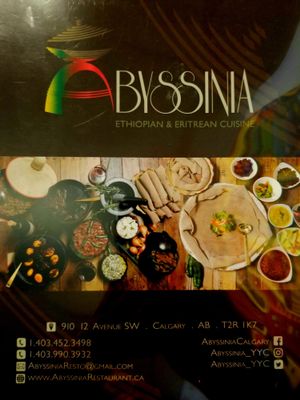 Menu at Abyssinia Ethiopian in Calgary