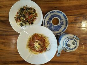 Yummy.. Pasta Pomodoro, tea leaf salad with hot wulong tea is   at Bangkok Story in Bangkok