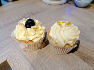 Cherry bakewell and lemon cupcake at Cafe Carmel in Bacton