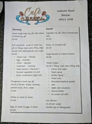 Menu at Cafe Carmel in Bacton