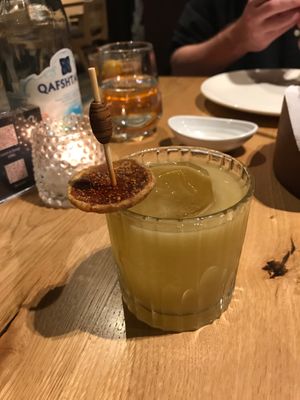 Fig Me Hard cocktail, with Wild Turkey bourbon, lime, triple sec, house made fig puree and angostura at Salt in Tirana